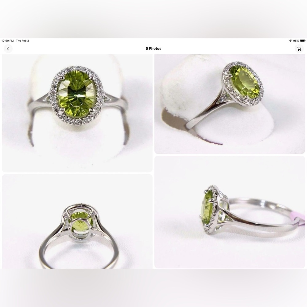 3.05k Nat. Oval Green peridot and diamond Halo solitaire. 14k white gold